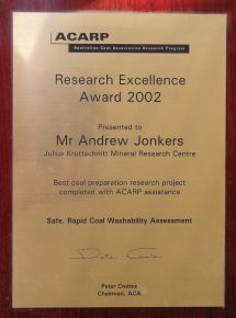 My research excellence award from ACARP in 2001 for the automatic pycnometer